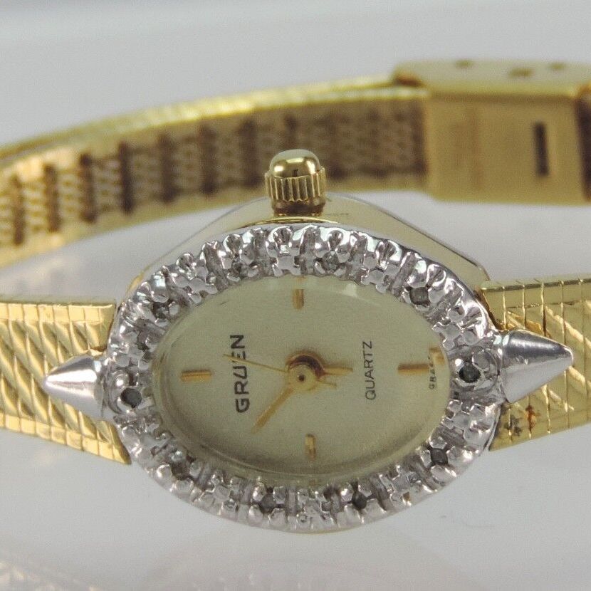 Vintage Gruen Damenuhr mit Diamanten Quartz Vergoldet Ref GR4662