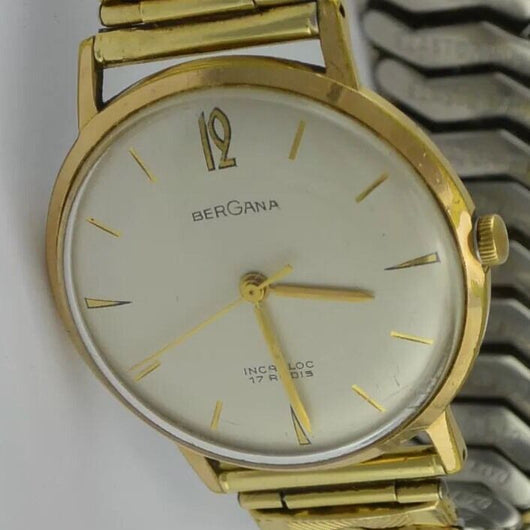 BERGANA Incabloc 17 Rubis - Herrenuhr / Handaufzug / Edelstahl vergoldet