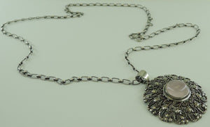 Damen 835er Silber Kette & 925er Silber Anhänger mit Rosenquarz Vintage