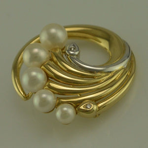 Vintage Brosche mit Brillanten & Perlen / 585er - 14 Karat Gold