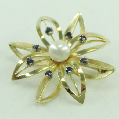 Vintage Brosche mit Perle / ca. 0.24 ct. Saphir / 585er 14 Karat Gold
