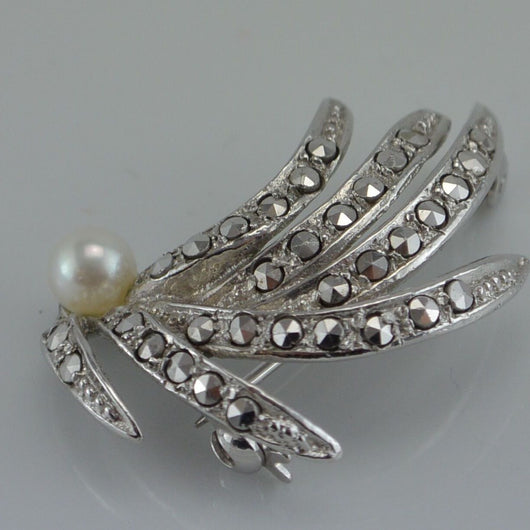 Brosche mit Perle & Markasiten Steine/ 925er Silber