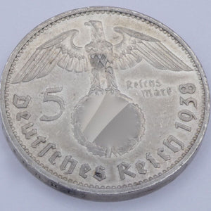 Drittes Reich 5 Reichsmark Silbermünze 1938 A - Hindenburg mit HK