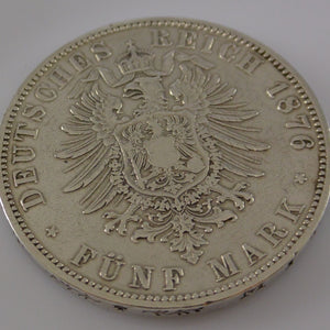 5 Mark Silber Silbermünze / Wilhelm Deutscher Kaiser König V. Preussen / 1876 A
