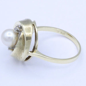 Vintage Damenring mit Perle & Diamanten / 585er - 14 Karat Gold - 59 18,8 mm Ø