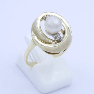 Vintage Damenring mit Perle & Diamanten / 585er - 14 Karat Gold - 59 18,8 mm Ø