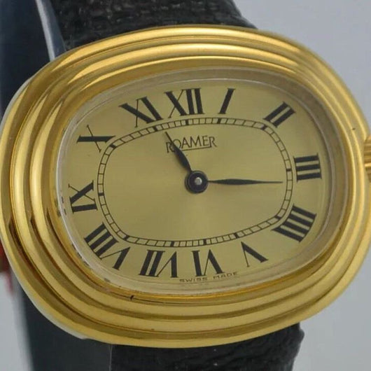ROAMER Damen Armbanduhr - vergoldet / Handaufzug / Lederarmband