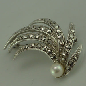 Brosche mit Perle & Markasiten Steine/ 925er Silber
