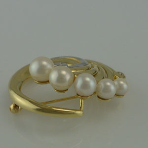 Vintage Brosche mit Brillanten & Perlen / 585er - 14 Karat Gold