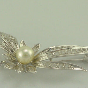 Vintage Brosche "Blume mit Perle & Zirkonia" / 800er Silber
