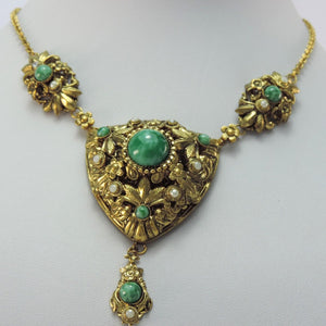 Vintage Trachten-Collier mit Aventurin & Perlen Vergoldet / ca. 42,0 cm