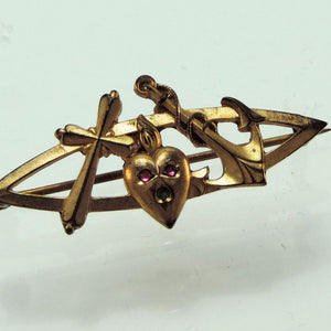 Antike Brosche mit Rubin & Herz, Anker, Kreuz / Biedermeier Schmuck