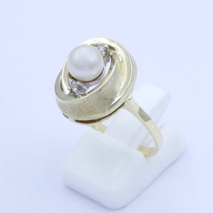 Vintage Damenring mit Perle & Diamanten / 585er - 14 Karat Gold - 59 18,8 mm Ø